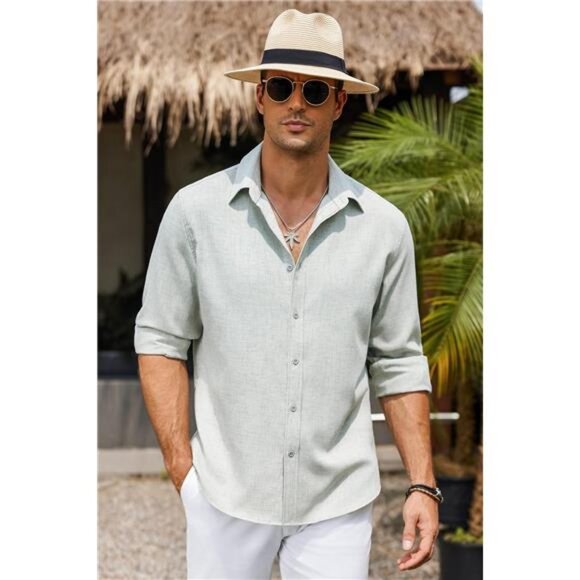 Men's Long Sleeve Button Down Linen Shirt Casual Untucked Chambray Shirt - Picture 4 of 6